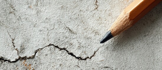 Pencil point near a crack in textured light grey concrete surface