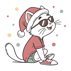 Cute and funny cartoon vector illustration of a rabbit in a Santa hat with a Christmas ball