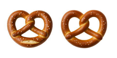 Two delicious golden-brown soft pretzels with coarse salt isolated on a transparent background. Traditional German baked snack, perfect for Oktoberfest, bakery menus, and food advertising. Fresh
