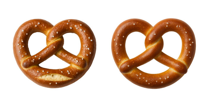Two delicious golden-brown soft pretzels with coarse salt isolated on a transparent background. Traditional German baked snack, perfect for Oktoberfest, bakery menus, and food advertising. Fresh