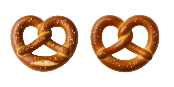 Two delicious golden-brown soft pretzels with coarse salt isolated on a transparent background. Traditional German baked snack, perfect for Oktoberfest, bakery menus, and food advertising. Fresh - Powered by Adobe