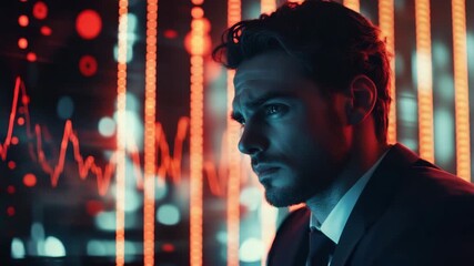 Businessman stock market financial data serious technology investment man suit digital analysis focused professional office corporate male modern screen background glowing charts determination - Powered by Adobe