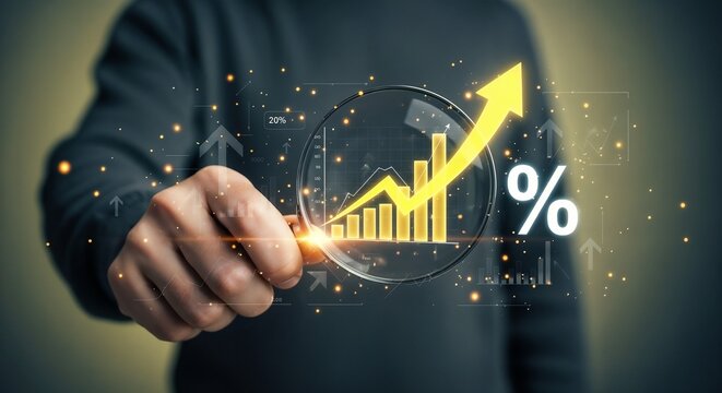 A person holding a magnifying glass to inspect a glowing holographic bar chart with a large upward arrow and a percentage sign, symbolizing the analysis of financial growth, profit, and interest rates - Powered by Adobe