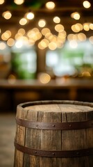 Oktoberfest beer garden festive wooden tables celebration lights scene