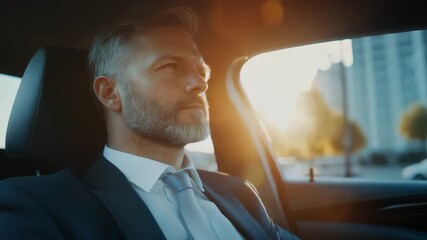 Mature man with beard wearing suit and tie driving car through city sunlight window, confident businessman during commute with warm sunlight glare and thoughtful expression urban business environment - Powered by Adobe