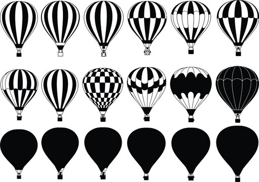 Collection of diverse hot air balloon illustrations in black and white with various patterns and solid silhouettes