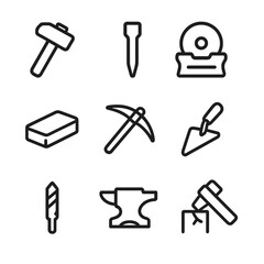 Fototapeta premium Stone Tools Icons. Outline icon set of stone tools: hammer, chisel, grinder, whetstone, pickaxe, trowel, drill bit, anvil, stone