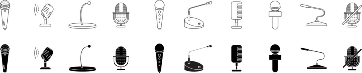 Microphone icon set. Different microphone collection. Podcast mike, journalist microphone, karaoke, conference.