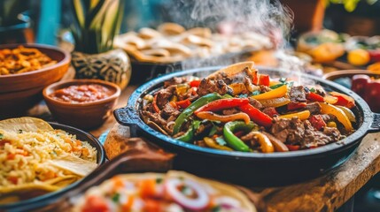 Fototapeta premium Hearty Mexican feasta large bowl of sizzling fajitas or stir-fried vegetables, steaming hot, colorful peppers, onions, and tender meat, served on a wooden table with various spices, sauces, and garnis