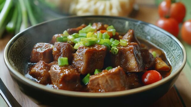 Braised meat chunks with green onion and cherry tomato served in bowl on wooden table, close up of cooked food with garlic and fresh vegetable creating savory dish and warm appetizing scene