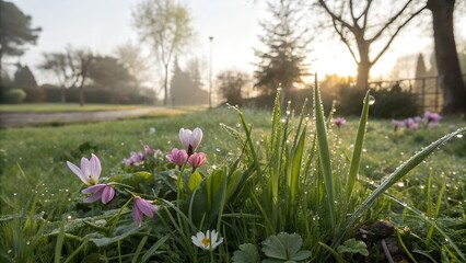 Newly sprouted grass. Delicate flowering plants. Early summer morning. Botany.
