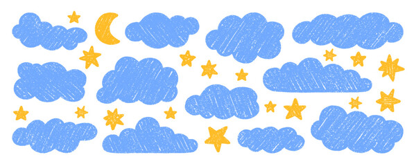 Chalk pencil clouds doodle set. Childish crayon sky, stars and moon. Pastel kids sketch. Grunge texture. Hand drawn vector illustration isolated on white background
