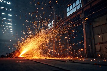 Fiery sparks erupting from industrial metalwork fire explosion