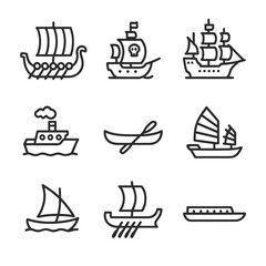 Historic Boats Icons. Outline icon set of historic boats: Viking ship, pirate ship, galleon, steamship, canoe, junk boat, dhow,