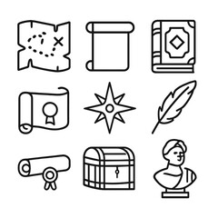 Historic Discoveries Icons. Outline icon set of historic discoveries: old map, scroll, ancient book, artifact, compass rose, quill