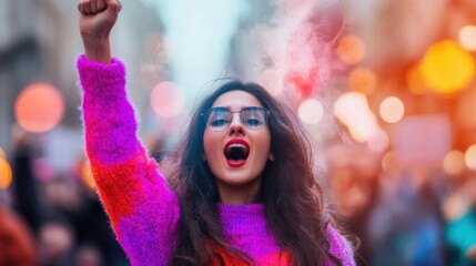 Young woman participates in vibrant protest rally in city streets
