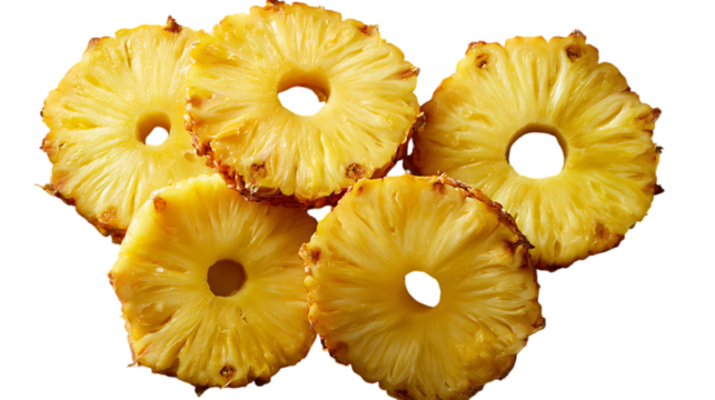 Six chunks of golden yellow pineapple with visible fibrous texture and slight browning on some edges, arranged against a soft, light gray background, showcasing their juicy appearance.