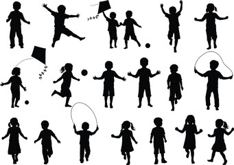 Obraz premium Collection of diverse children silhouettes engaged in various outdoor activities like jumping playing with kites and balls