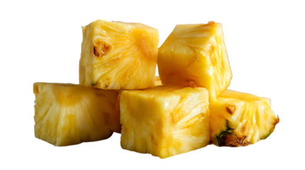 Six chunks of golden yellow pineapple with visible fibrous texture and slight browning on some edges, arranged against a soft, light gray background, showcasing their juicy appearance.