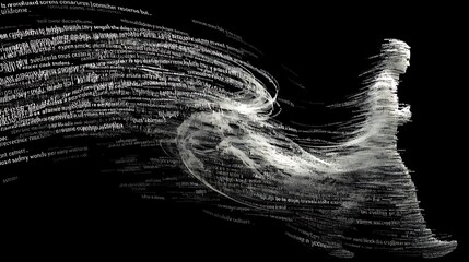 transparent human silhouette filled with layered echoes of text, swirling soundwaves, visual metaphor for internal dialogue and haunting thoughts 