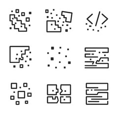 Digital Fragment Icons. Outline icon set of digital fragments: pixel chunks, data shards, broken code, fragmented screen,