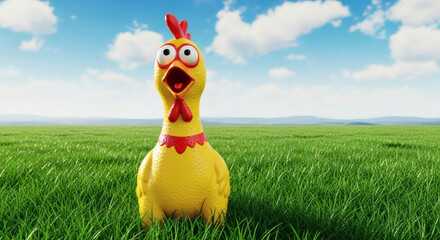 A funny yellow rubber chicken with a shocked expression stands screaming in a lush green field.