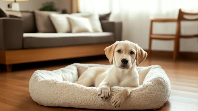 Cozy indoor living room with wooden floor featuring comfortable dog bed where yellow Labrador puppy rests peacefully, creating warm and inviting pet space perfect for relaxation