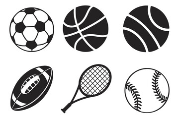 Fototapeta premium Vector glyph icon set of popular sports balls and equipment.