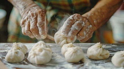 Skilled hands expertly shaping dumplings in a bustling kitchen, surrounded by flour and utensils