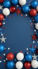 Festive Circular Frame of Red White and Blue Spheres and Stars on Dark Blue Background