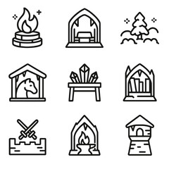 Fototapeta premium Ice Castle Icons. Outline icon set of ice castle daily life: frost fire pit, icy dining hall, snow-covered garden, frozen stables,