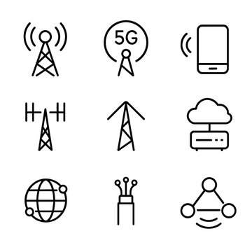 Telecom Tech Icons Grid. Outline icon set of telecom technologies: 4G LTE, 5G, VoLTE, MIMO, beamforming, edge computing, IoT
