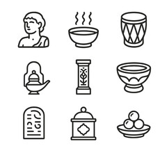 Obraz premium Temple Relics Icons. Outline icon set of temple relics: statue fragment, incense bowl, sacred drum, temple lamp, carved pillar,