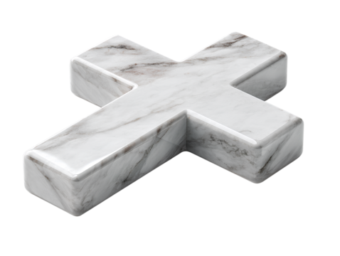 Minimalist Cross Made of White Marble with Subtle Veins, Top-Down Perspective, Isolated on Transparent Background