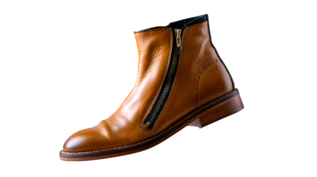Single men? boot with zipper half open, slight tilt, floating on white background,