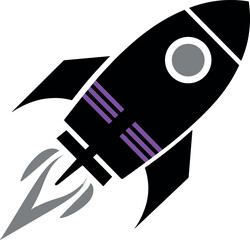Colorful rocket vector with purple stripes, black body, space travel theme, digital illustration for web, app, graphic design usag