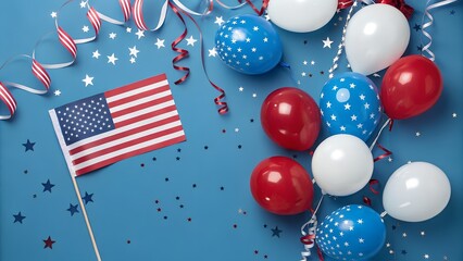 Photo of a blue background with balloons and streamers for a USA patriotic celebration