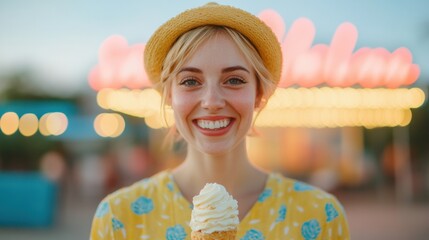 Smiling woman enjoys ice cream at a vibrant fairground during sunset
