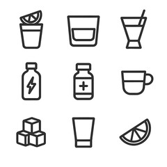 Iconic Drink Shots. Outline icon set of drink shots: tequila shot, whiskey glass, cocktail shot, energy shot, medicine shot,