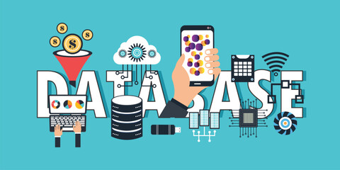 Database word concepts banner with icon set