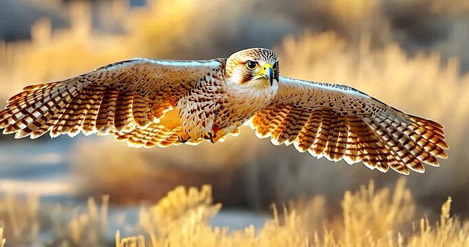 A falcon in flight, wings spread wide, showcasing intricate feather patterns in golden light.