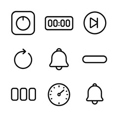 Digital Timer Icons. Outline icon set of digital timer app: app icon, countdown display, play/pause button, reset icon, alarm set,