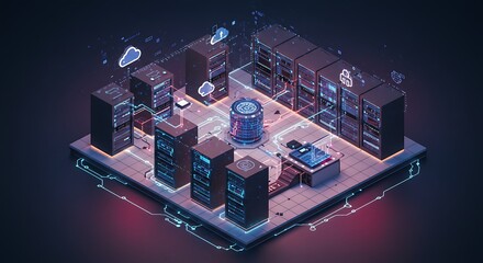 Isometric Illustration: Secure Cloud Server Network, Futuristic Data Center, Neon Glow, Digital Technology