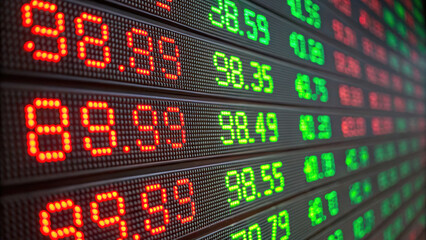 Fototapeta premium Stock market display showing fluctuating numbers in red and green indicating financial trends and potential rebound in Q4. Q4 Rebound