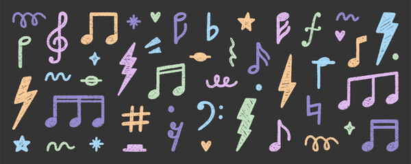 Crayon musical notes doodle set. Punk rock chalk pencil elements in sketch style. Grunge texture. Hand drawn vector illustration isolated on black background.