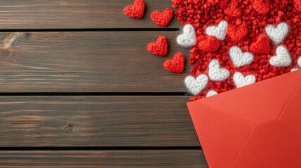 Colorful hearts spill from an envelope on a wooden surface for V-Day