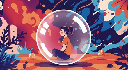 Fototapeta premium Serene Woman Meditating Inside Protective Bubble; Vibrant Abstract Background; Peaceful, Introspective Mood; Vector Illustration.