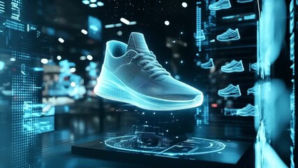 A futuristic sneaker shoe is showcased with holographic effects and interactive features in a high tech retail space