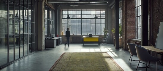 intricate, cinematic, industrial, abandoned warehouse, high-ceilinged, concrete floors, large windows, minimalist furnishings, yellow sofa, moody lighting, atmospheric, detailed, photorealistic
