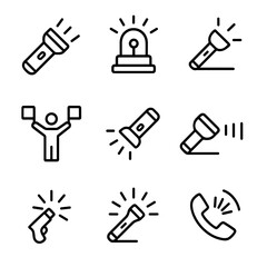 Obraz premium Torchlight Signal Icons. Outline icon set of torchlight signals: SOS signal, flashing light, beacon, semaphore, morse code, light